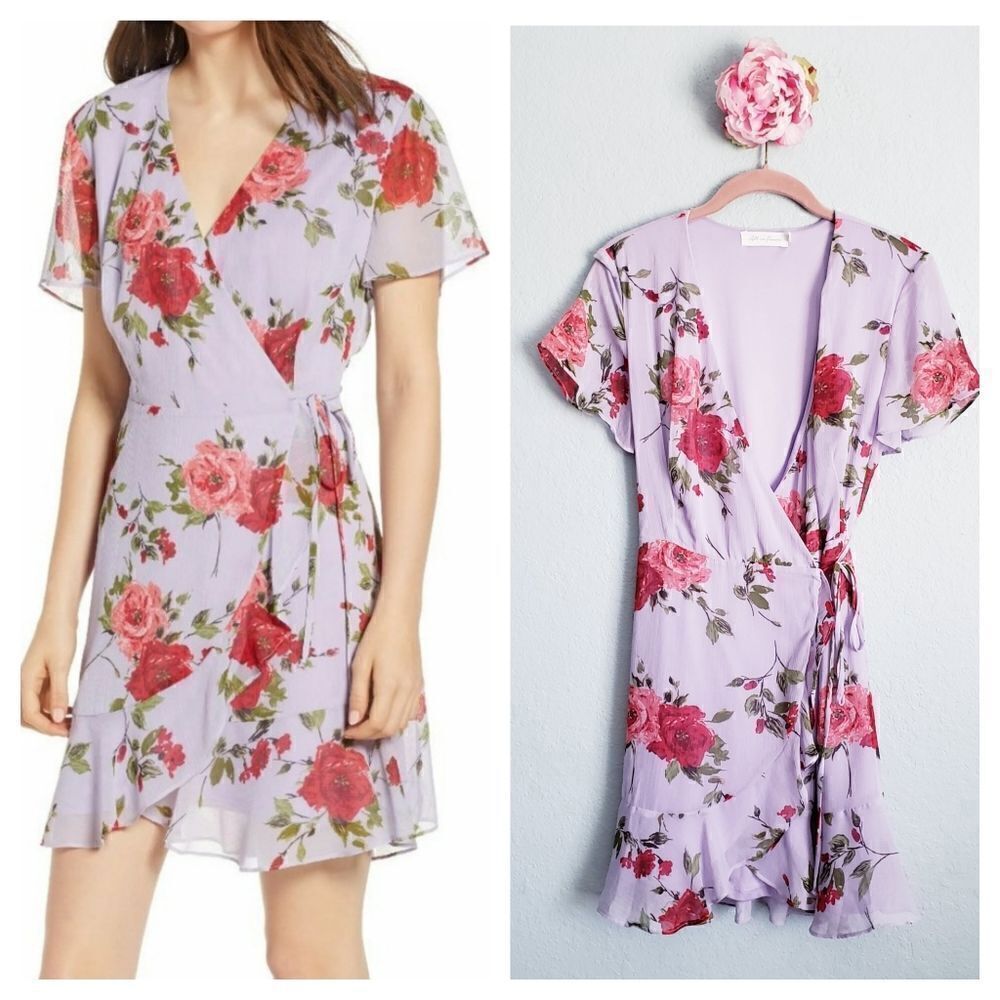 All In Favor Isabella Purple Floral Wrap Mini Dress
